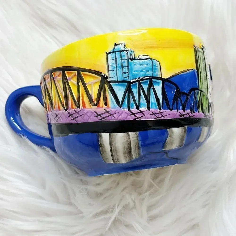 Portland Oregon Cappuccino Ceramic Mug Blue and Yellow Large